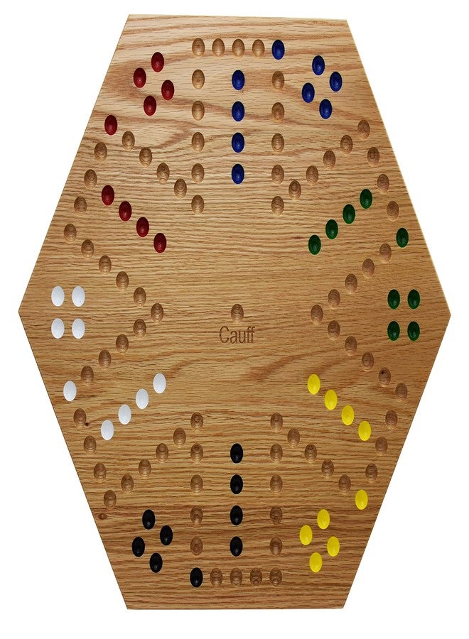 Cauff 20 Inch Solid Oak Double-Sided Marble/Wahoo Board Game with Hand-Finished and Hand-Painted Oak, Glass Marbles, Velvet Bag, 4 and 6 Player Sides - Premium Family Game - Image 3